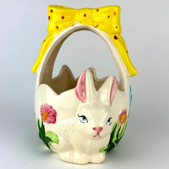 Vintage Hand-Painted Ceramic Bunny Easter Basket with Yellow Bow - Picture 1 of 7